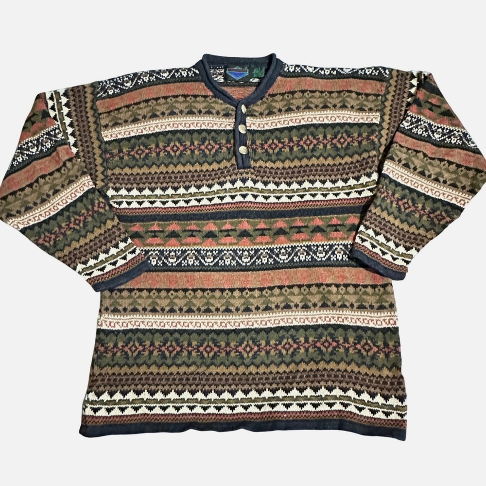 VTG ETCHINGS Fair‎ Isle Knit Henley Sweater Mens L Grandpacore Aztec